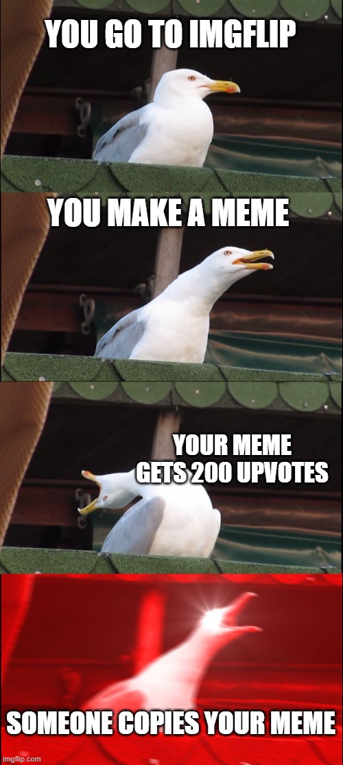 title | YOU GO TO IMGFLIP; YOU MAKE A MEME; YOUR MEME GETS 200 UPVOTES; SOMEONE COPIES YOUR MEME | image tagged in memes,inhaling seagull | made w/ Imgflip meme maker