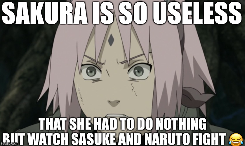 Sakura Had To Watch Naruto And Sasuke Fight | SAKURA IS SO USELESS; THAT SHE HAD TO DO NOTHING BUT WATCH SASUKE AND NARUTO FIGHT 😂 | image tagged in sakura is so useless,memes,sakura haruno,naruto,naruto sasuke and sakura | made w/ Imgflip meme maker