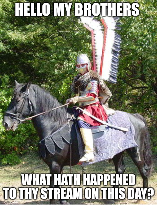 I'm back | HELLO MY BROTHERS; WHAT HATH HAPPENED TO THY STREAM ON THIS DAY? | image tagged in hussar | made w/ Imgflip meme maker