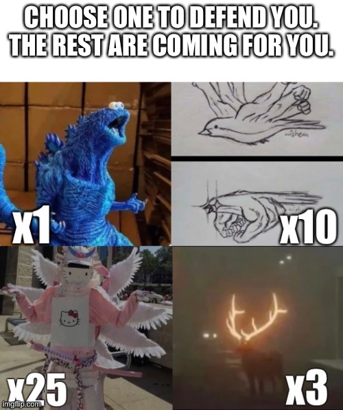 CHOOSE ONE TO DEFEND YOU. THE REST ARE COMING FOR YOU. | made w/ Imgflip meme maker