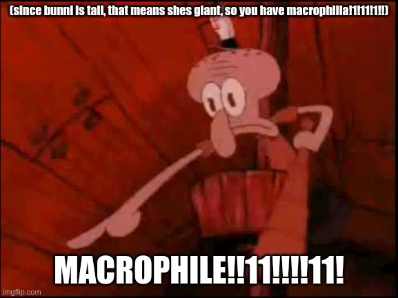 Squidward pointing | (since bunni is tall, that means shes giant, so you have macrophilia!1!11!1!!) MACROPHILE!!11!!!!11! | image tagged in squidward pointing | made w/ Imgflip meme maker