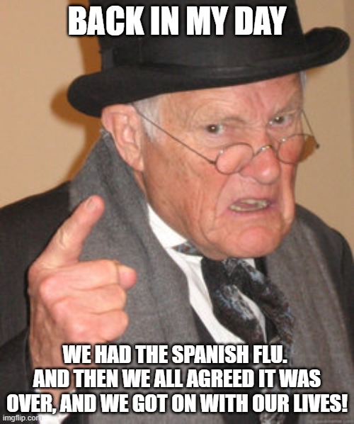 Simpler Times! | BACK IN MY DAY; WE HAD THE SPANISH FLU.  AND THEN WE ALL AGREED IT WAS OVER, AND WE GOT ON WITH OUR LIVES! | image tagged in memes,back in my day,so true memes,true dat,reality,covid | made w/ Imgflip meme maker