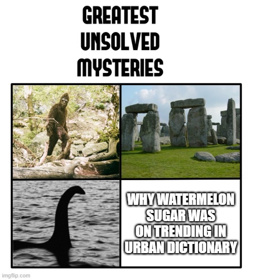 why was watermelon sugar trending | WHY WATERMELON SUGAR WAS ON TRENDING IN URBAN DICTIONARY | image tagged in unsolved mysteries,watermelon sugar,trending,urban dictionary,watermelon sugar high | made w/ Imgflip meme maker