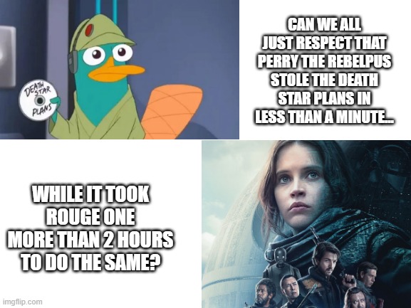 Just see Phineas and Ferb: Star Wars | CAN WE ALL JUST RESPECT THAT PERRY THE REBELPUS STOLE THE DEATH STAR PLANS IN LESS THAN A MINUTE... WHILE IT TOOK ROUGE ONE MORE THAN 2 HOURS TO DO THE SAME? | image tagged in star wars,rouge one,phineas and ferb,perry the platypus,death star,meme | made w/ Imgflip meme maker