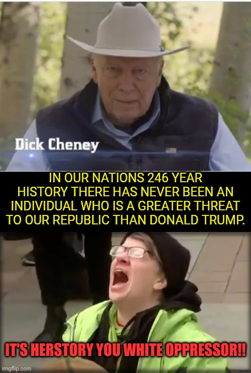 I Roll My Eyes At This | IN OUR NATIONS 246 YEAR HISTORY THERE HAS NEVER BEEN AN INDIVIDUAL WHO IS A GREATER THREAT TO OUR REPUBLIC THAN DONALD TRUMP. IT'S HERSTORY YOU WHITE OPPRESSOR!! | image tagged in trump sjw no,dick cheney,donald trump,election fraud | made w/ Imgflip meme maker