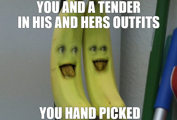 WHENEVER YOU SEE A SET OF TWINS BUT THEY NOT TWINS | YOU AND A TENDER IN HIS AND HERS OUTFITS; YOU HAND PICKED | image tagged in annoying orange banana,meme | made w/ Imgflip meme maker