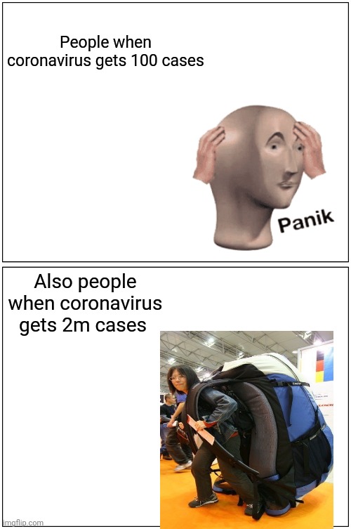 This meme is about how people travel during COVID-19 | People when coronavirus gets 100 cases; Also people when coronavirus gets 2m cases | image tagged in memes,blank comic panel 1x2 | made w/ Imgflip meme maker