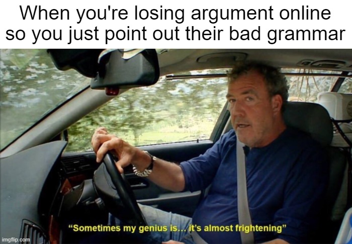 POV: you scout rare insults material | When you're losing argument online so you just point out their bad grammar | image tagged in sometimes my genius is it's almost frightening,fun | made w/ Imgflip meme maker