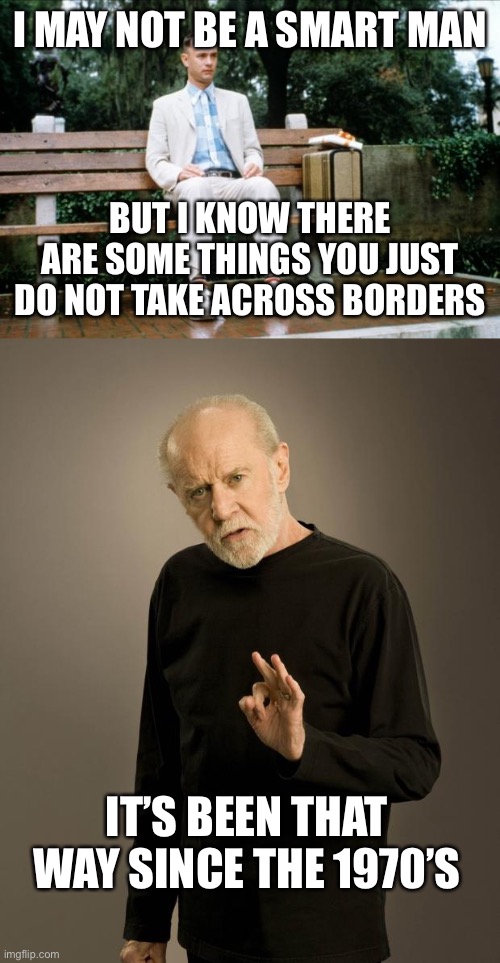 I MAY NOT BE A SMART MAN BUT I KNOW THERE ARE SOME THINGS YOU JUST DO NOT TAKE ACROSS BORDERS IT’S BEEN THAT WAY SINCE THE 1970’S | image tagged in forrest gump,george carlin | made w/ Imgflip meme maker