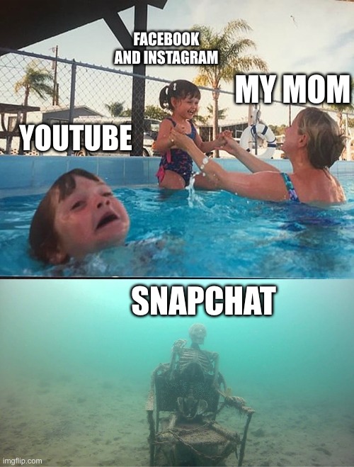 My mom on social media be like | FACEBOOK AND INSTAGRAM; MY MOM; YOUTUBE; SNAPCHAT | image tagged in mom ignoring child with skeleton | made w/ Imgflip meme maker