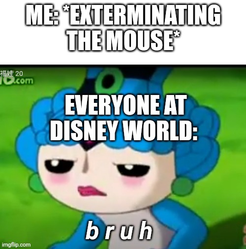 BeiBei Bruh | ME: *EXTERMINATING THE MOUSE*; EVERYONE AT DISNEY WORLD: | image tagged in beibei bruh | made w/ Imgflip meme maker