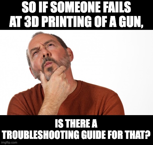 3D Printing | SO IF SOMEONE FAILS AT 3D PRINTING OF A GUN, IS THERE A TROUBLESHOOTING GUIDE FOR THAT? | image tagged in hmmm | made w/ Imgflip meme maker