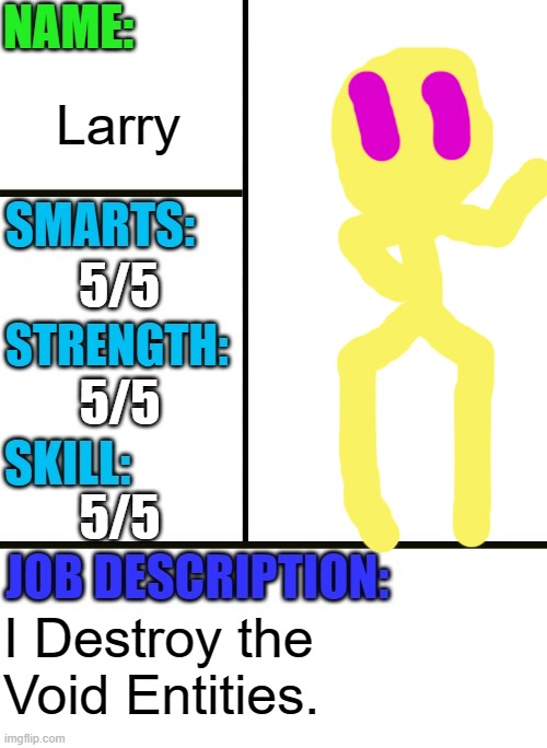 Larry. | Larry; 5/5; 5/5; 5/5; I Destroy the Void Entities. | image tagged in antiboss-heroes template | made w/ Imgflip meme maker