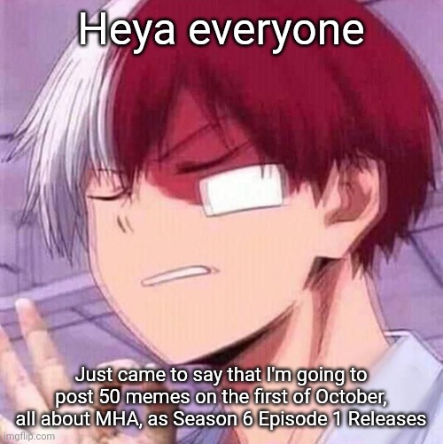 Todoroki | Heya everyone; Just came to say that I'm going to post 50 memes on the first of October, all about MHA, as Season 6 Episode 1 Releases | image tagged in todoroki | made w/ Imgflip meme maker