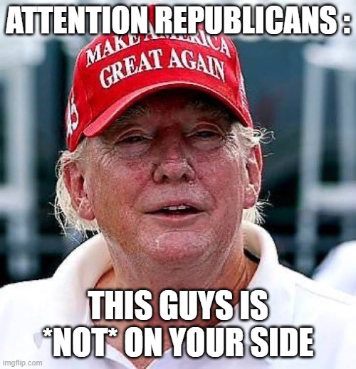 ATTENTION REPUBLICANS :; THIS GUYS IS *NOT* ON YOUR SIDE | image tagged in trump,crook | made w/ Imgflip meme maker
