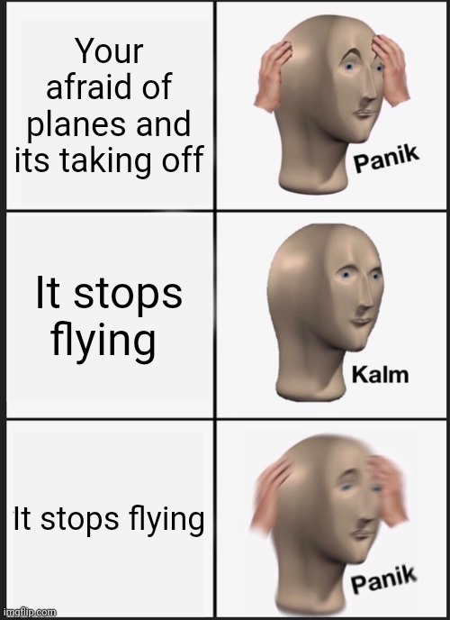 Panik Kalm Panik Meme | Your afraid of planes and its taking off; It stops flying; It stops flying | image tagged in memes,panik kalm panik | made w/ Imgflip meme maker