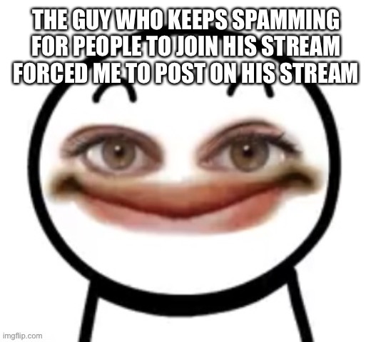 him | THE GUY WHO KEEPS SPAMMING FOR PEOPLE TO JOIN HIS STREAM FORCED ME TO POST ON HIS STREAM | image tagged in him | made w/ Imgflip meme maker