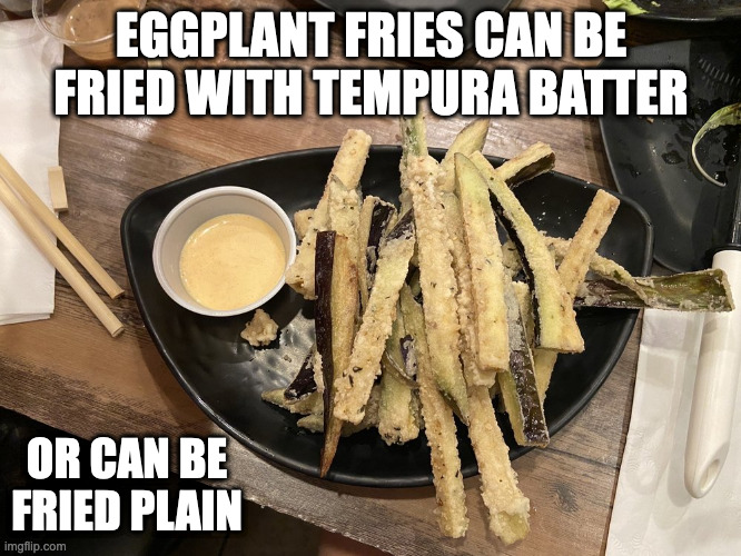 Eggplant Fries | EGGPLANT FRIES CAN BE FRIED WITH TEMPURA BATTER; OR CAN BE FRIED PLAIN | image tagged in food,memes | made w/ Imgflip meme maker