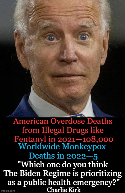 High on Hypocrisy |  American Overdose Deaths 
from Illegal Drugs like 
Fentanyl in 2021—108,000; Worldwide Monkeypox 
Deaths in 2022—5; "Which one do you think 
The Biden Regime is prioritizing 
as a public health emergency?"; Charlie Kirk | image tagged in politics,joe biden,democrats,fentanyl,monkeypox,charlie kirk | made w/ Imgflip meme maker