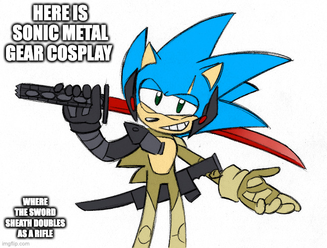 Metal Gear Sonic | HERE IS SONIC METAL GEAR COSPLAY; WHERE THE SWORD SHEATH DOUBLES AS A RIFLE | image tagged in sonic the hedgehog,metal gear solid,memes | made w/ Imgflip meme maker