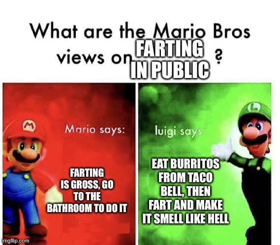 Phrappppt |  FARTING IN PUBLIC; FARTING IS GROSS, GO TO THE BATHROOM TO DO IT; EAT BURRITOS FROM TACO BELL, THEN FART AND MAKE IT SMELL LIKE HELL | image tagged in mario bros views,farts | made w/ Imgflip meme maker