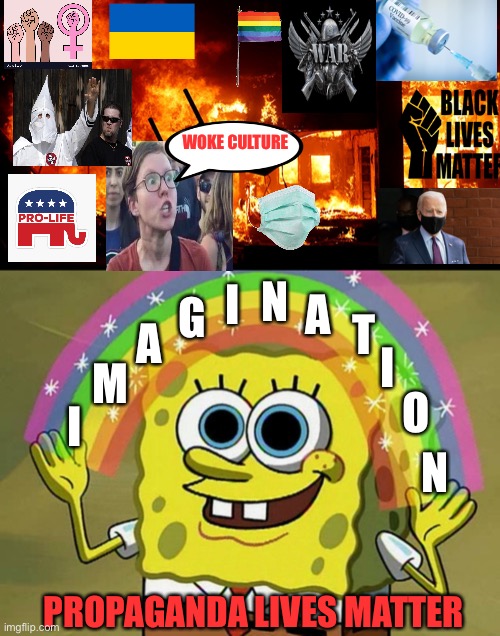 Propaganda lies or lives matter? | WOKE CULTURE; I; N; A; G; A; T; I; M; O; I; N; PROPAGANDA LIVES MATTER | image tagged in on fire,memes,imagination spongebob,democrats,screaming | made w/ Imgflip meme maker