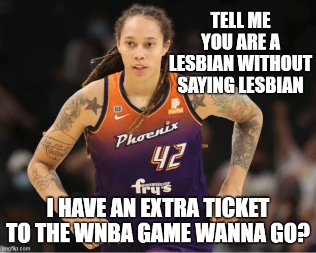 WNBA | TELL ME YOU ARE A LESBIAN WITHOUT SAYING LESBIAN; I HAVE AN EXTRA TICKET TO THE WNBA GAME WANNA GO? | image tagged in brittney griner | made w/ Imgflip meme maker