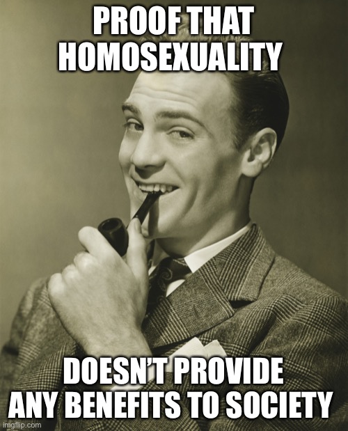 Smug | PROOF THAT HOMOSEXUALITY DOESN’T PROVIDE ANY BENEFITS TO SOCIETY | image tagged in smug | made w/ Imgflip meme maker