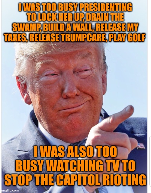You will have a lot more time on your hands in prison Donnie | I WAS TOO BUSY PRESIDENTING TO LOCK HER UP, DRAIN THE SWAMP, BUILD A WALL, RELEASE MY TAXES, RELEASE TRUMPCARE, PLAY GOLF; I WAS ALSO TOO BUSY WATCHING TV TO STOP THE CAPITOL RIOTING | image tagged in trump pointing | made w/ Imgflip meme maker