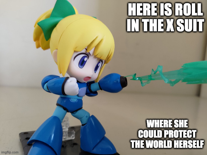Roll in Reploid X Suit | HERE IS ROLL IN THE X SUIT; WHERE SHE COULD PROTECT THE WORLD HERSELF | image tagged in megaman,roll,megaman x,memes | made w/ Imgflip meme maker