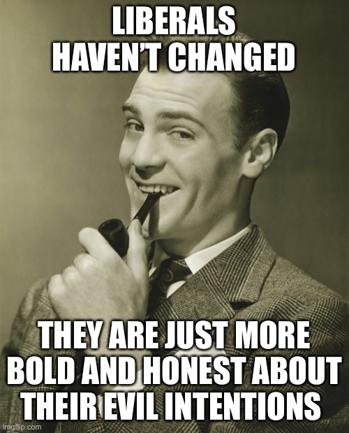 Smug | LIBERALS HAVEN’T CHANGED THEY ARE JUST MORE BOLD AND HONEST ABOUT THEIR EVIL INTENTIONS | image tagged in smug | made w/ Imgflip meme maker