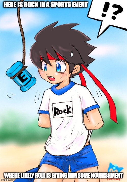 Rock in a Race | HERE IS ROCK IN A SPORTS EVENT; WHERE LIKELY ROLL IS GIVING HIM SOME NOURISHMENT | image tagged in rock,megaman,memes | made w/ Imgflip meme maker