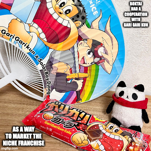 Boktai X Gari Gari Kun | BOKTAI HAD A COOPERATION WITH GARI GARI KUN; AS A WAY TO MARKET THE NICHE FRANCHISE | image tagged in boktai,gari gari kun,memes | made w/ Imgflip meme maker