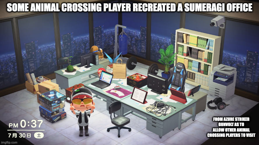 Sumeragi Office in Animal Crossing | SOME ANIMAL CROSSING PLAYER RECREATED A SUMERAGI OFFICE; FROM AZURE STRIKER GUNVOLT AS TO ALLOW OTHER ANIMAL CROSSING PLAYERS TO VISIT | image tagged in animal crossing,azure striker gunvolt,gaming,memes | made w/ Imgflip meme maker
