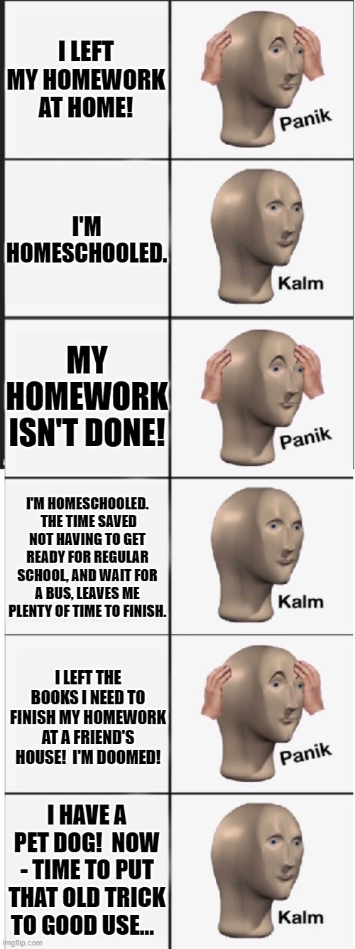 Only Works If You're Homeschooled... | I LEFT MY HOMEWORK AT HOME! I'M HOMESCHOOLED. MY HOMEWORK ISN'T DONE! I'M HOMESCHOOLED.  THE TIME SAVED NOT HAVING TO GET READY FOR REGULAR SCHOOL, AND WAIT FOR A BUS, LEAVES ME PLENTY OF TIME TO FINISH. I LEFT THE BOOKS I NEED TO FINISH MY HOMEWORK AT A FRIEND'S HOUSE!  I'M DOOMED! I HAVE A PET DOG!  NOW - TIME TO PUT THAT OLD TRICK TO GOOD USE... | image tagged in panik kalm panik kalm panik kalm,homeschool,school,humor,memes,funny | made w/ Imgflip meme maker