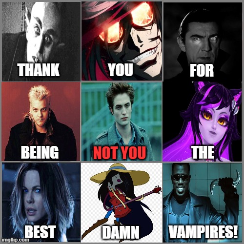 Best Damn Vampires | FOR; THANK; YOU; NOT YOU; THE; BEING; BEST; VAMPIRES! DAMN | image tagged in not you | made w/ Imgflip meme maker