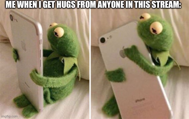 *gives free hugs to everyone* | ME WHEN I GET HUGS FROM ANYONE IN THIS STREAM: | image tagged in kermit hugging phone,free hugs,hugs | made w/ Imgflip meme maker