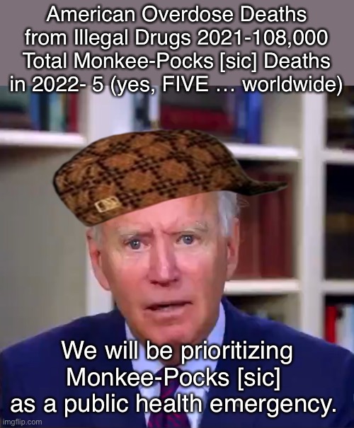 He is a total scumbag. | American Overdose Deaths from Illegal Drugs 2021-108,000
Total Monkee-Pocks [sic] Deaths in 2022- 5 (yes, FIVE … worldwide); We will be prioritizing
Monkee-Pocks [sic] 
as a public health emergency. | image tagged in slow joe biden dementia face | made w/ Imgflip meme maker