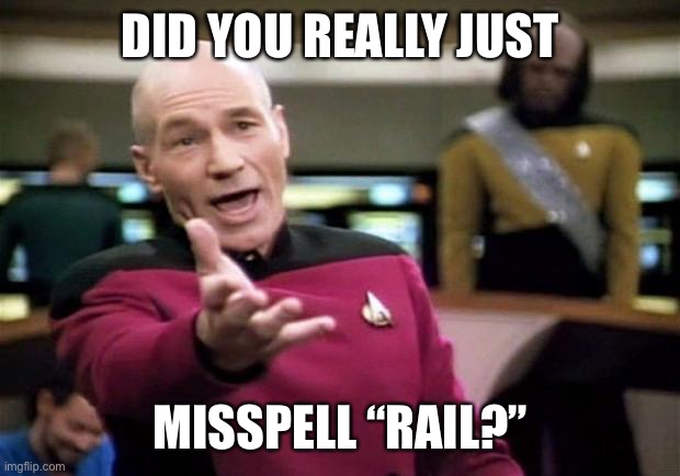 startrek | DID YOU REALLY JUST MISSPELL “RAIL?” | image tagged in startrek | made w/ Imgflip meme maker