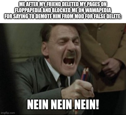 It happened | ME AFTER MY FRIEND DELETED MY PAGES ON FLOPPAPEDIA AND BLOCKED ME ON WAWAPEDIA FOR SAYING TO DEMOTE HIM FROM MOD FOR FALSE DELETE:; NEIN NEIN NEIN! | image tagged in hitler downfall | made w/ Imgflip meme maker