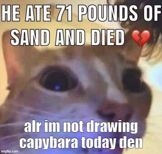 He ate 71 pounds of sand and died | alr im not drawing capybara today den | image tagged in he ate 71 pounds of sand and died | made w/ Imgflip meme maker