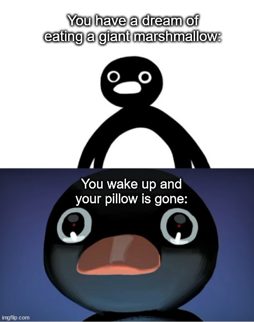 uh oh | You have a dream of eating a giant marshmallow:; You wake up and your pillow is gone: | image tagged in telepurte noot noot | made w/ Imgflip meme maker