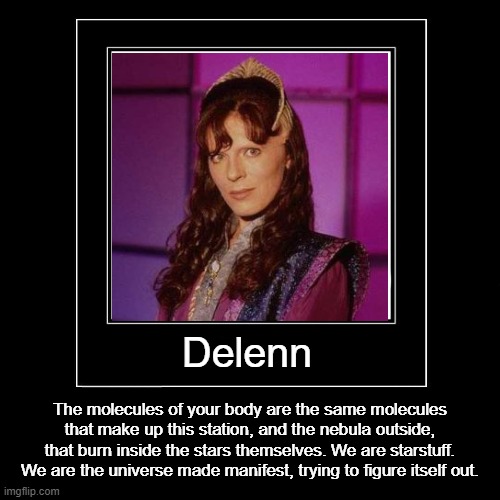 Delenn's  Cosmic Insight | Delenn; The molecules of your body are the same molecules that make up this station, and the nebula outside, that burn inside the stars themselves. We are starstuff. We are the universe made manifest, trying to figure itself out. | image tagged in delenn,babylon 5,memes,inspirational | made w/ Imgflip meme maker