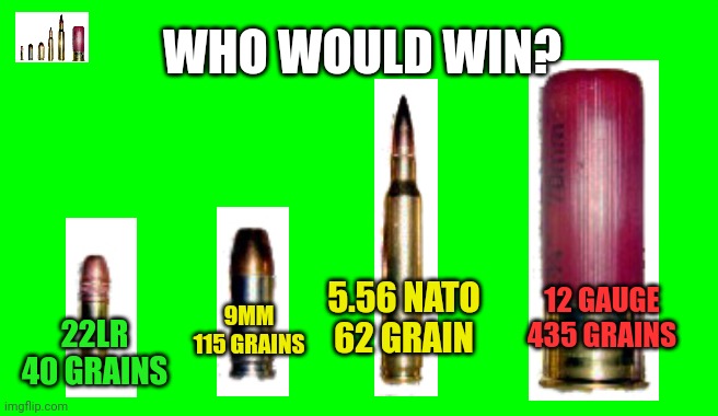Best cartridge? | WHO WOULD WIN? 12 GAUGE 435 GRAINS; 5.56 NATO 62 GRAIN; 9MM 115 GRAINS; 22LR 40 GRAINS | image tagged in green screen for videos,bullets,shells | made w/ Imgflip meme maker