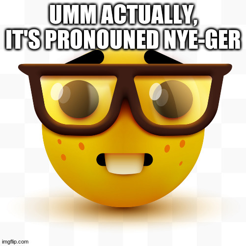 Nerd emoji | UMM ACTUALLY, IT'S PRONOUNED NYE-GER | image tagged in nerd emoji | made w/ Imgflip meme maker