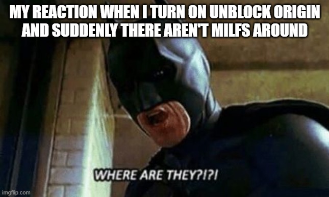 No milfs no fun :( |  MY REACTION WHEN I TURN ON UNBLOCK ORIGIN
AND SUDDENLY THERE AREN'T MILFS AROUND | image tagged in batman where are they 12345 | made w/ Imgflip meme maker