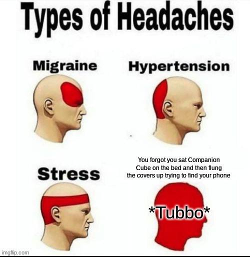 Types of Headaches meme | You forgot you sat Companion Cube on the bed and then flung the covers up trying to find your phone; *Tubbo* | image tagged in types of headaches meme | made w/ Imgflip meme maker