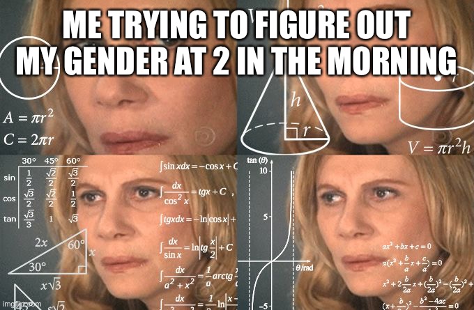 I figured it out after 7 nights of this. yay. | ME TRYING TO FIGURE OUT MY GENDER AT 2 IN THE MORNING | image tagged in calculating meme | made w/ Imgflip meme maker