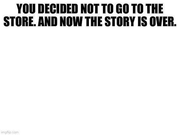 Blank White Template | YOU DECIDED NOT TO GO TO THE STORE. AND NOW THE STORY IS OVER. | image tagged in blank white template | made w/ Imgflip meme maker