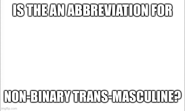 ⚧?️‍⚧️ | IS THE AN ABBREVIATION FOR; NON-BINARY TRANS-MASCULINE? | image tagged in lgbtq | made w/ Imgflip meme maker
